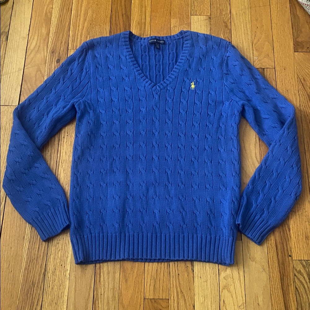 Ralph Lauren Cable Knit V Neck Sweater Size XL 100% Cotton Periwinkle Blue EUC - Picture 6 of 14